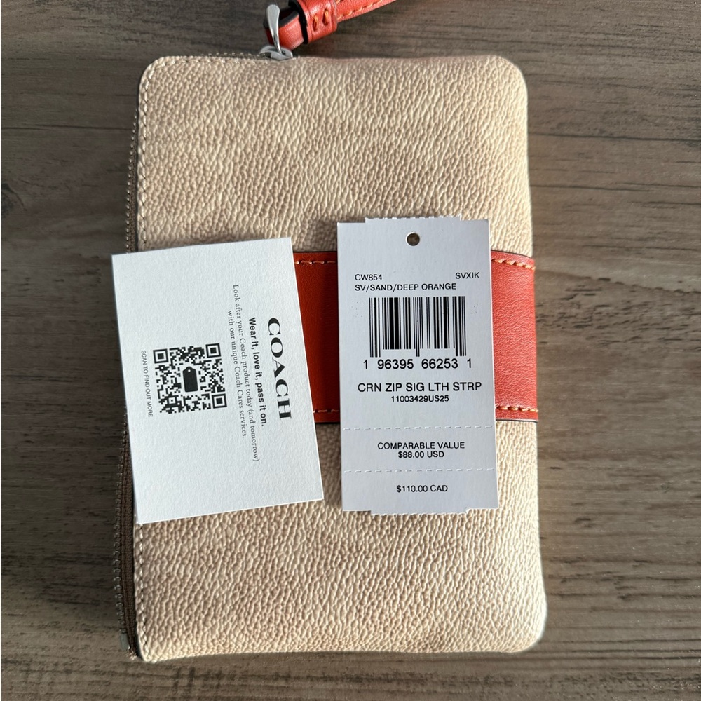 Coach Corner Zip Wristlet Canvas With Stripe orange/silver small pouch CW854 - Picture 5 of 6